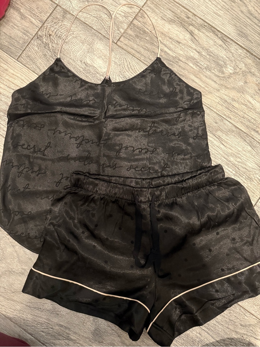 Victoria's Secret Black Satin Cami & Shorts Set with Contrast Trim